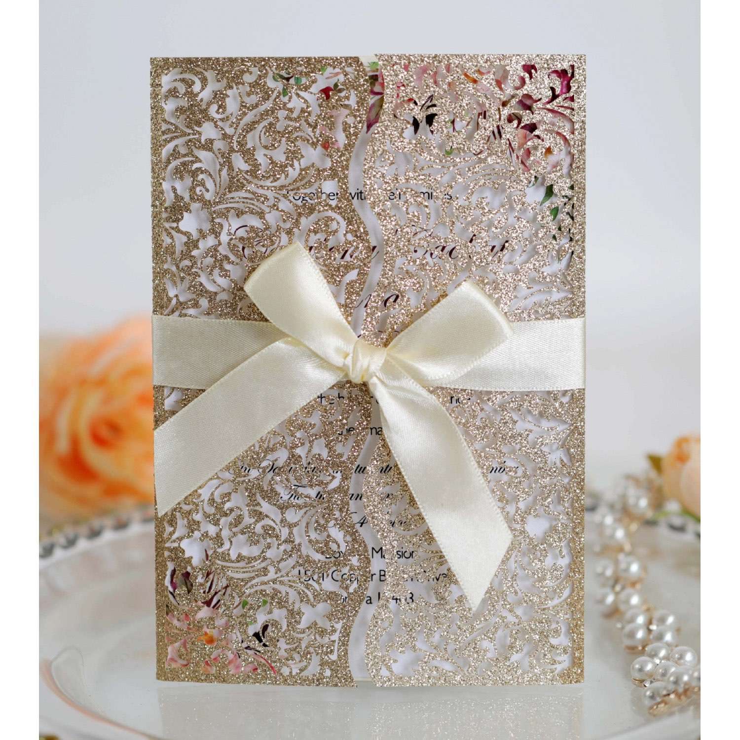 Marriage Invitation Card With Ribbon Bow Laser Cut Glitter Paper Wedding Supplies